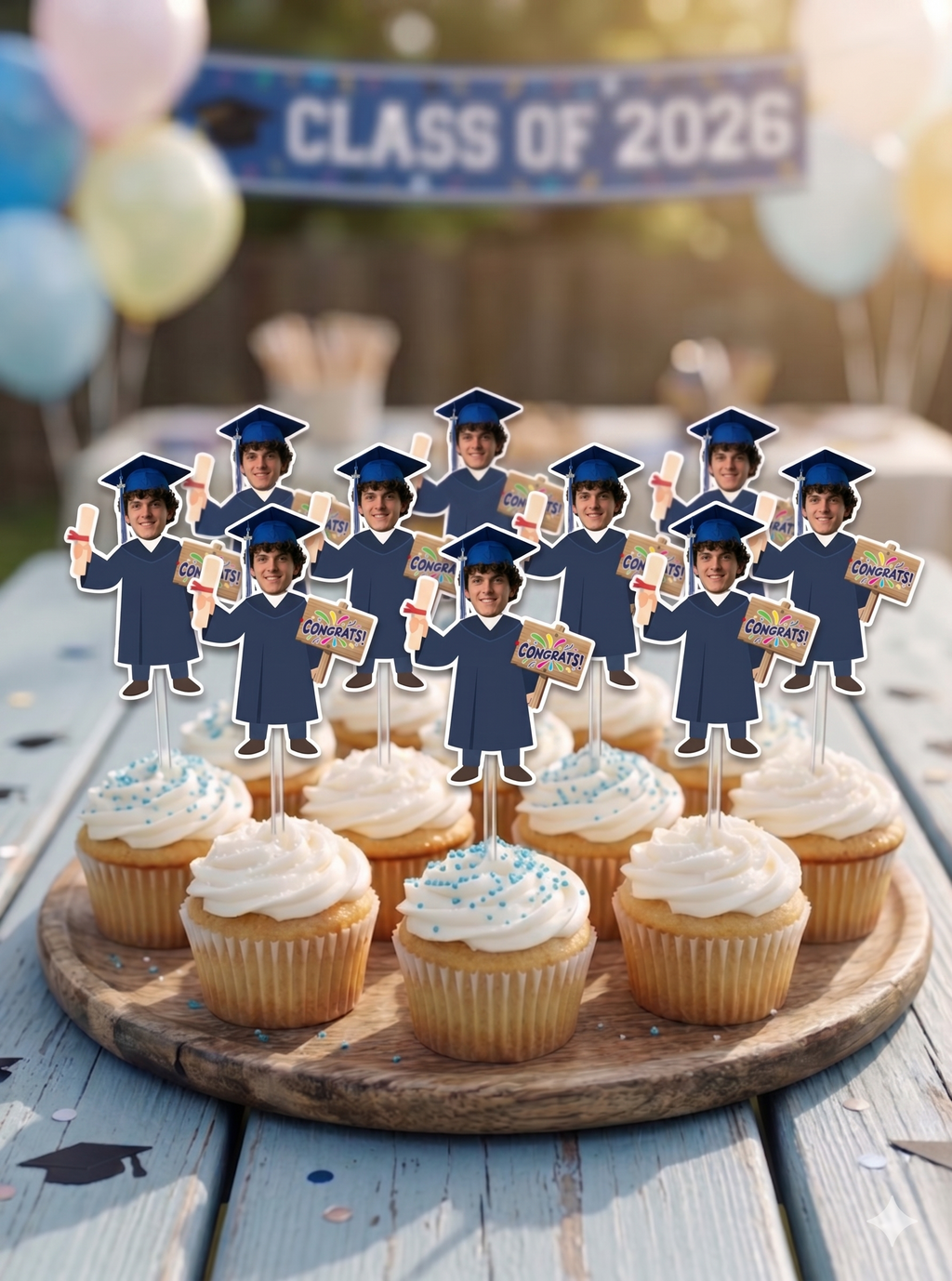 Custom Photo Graduation Cupcake Picks – Class of 2026